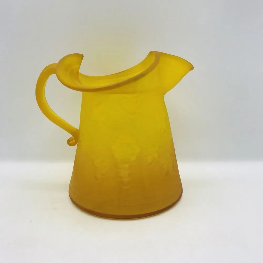 Vintage 1970s MCM Amber Art Glass Pitcher Vase Grapes Leaves Gold Yellow 6 1/2